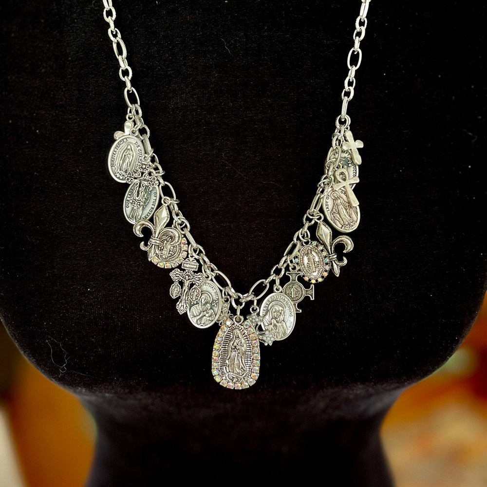 Guadalupe, Saints & Crosses Double Sided Antiqued Silver Tone Festoon Necklace - Picture 9 of 15
